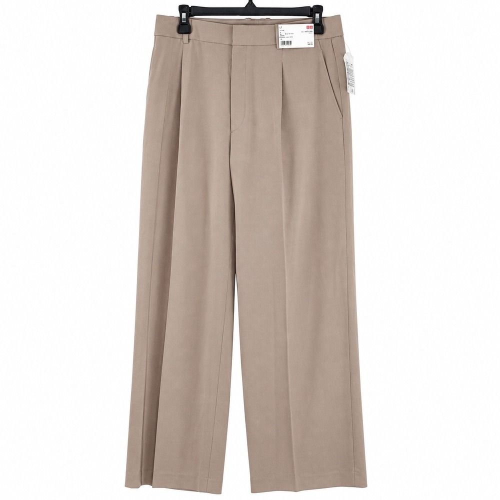 Uniqlo Women Beige Pleated Wide Pants High Waist Trousers 221-450639 Size L NWT